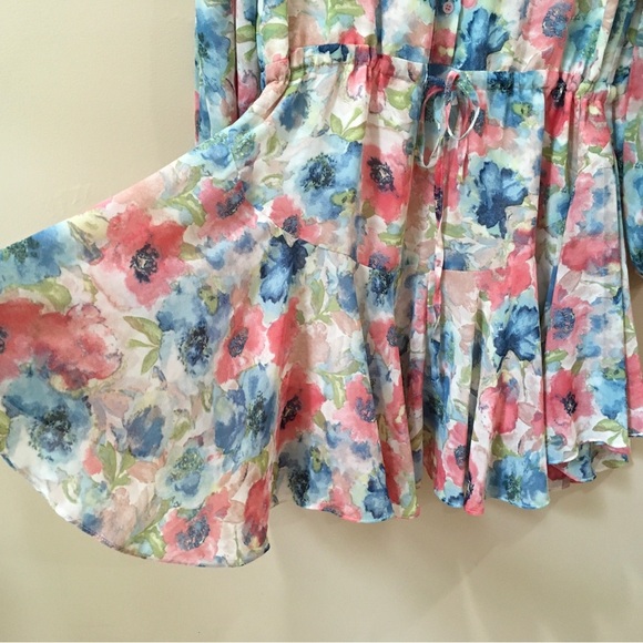 VICI Womens S Ruffle Mini Dress Multicolor Floral Chiffon Balloon Sleeve - Picture 2 of 8